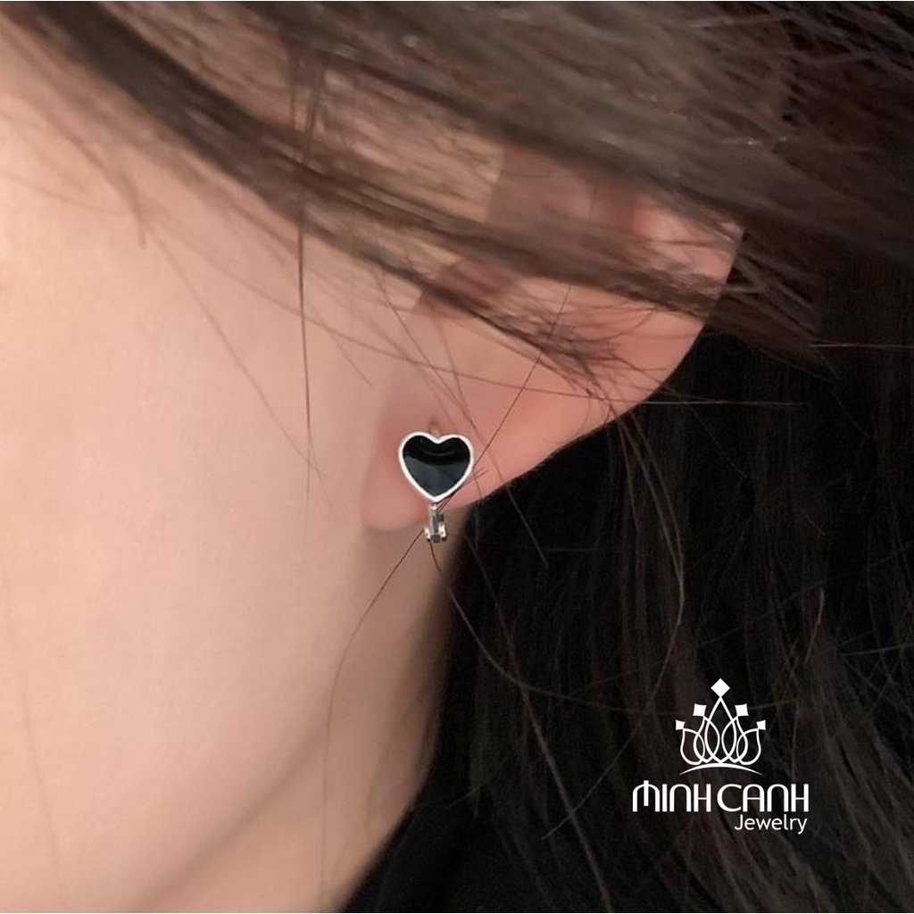 Bông Tai Bạc Khóa Bấm Trái Tim Đen Minh Canh Jewelry
