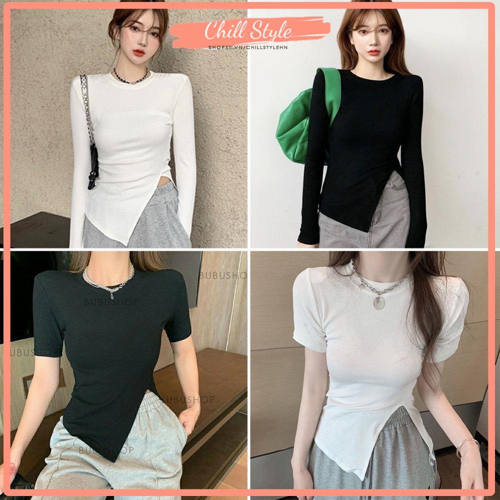 Áo phông nữ cộc tay vạt chéo xẻ tà ulzzang CHILLSTYLE A01