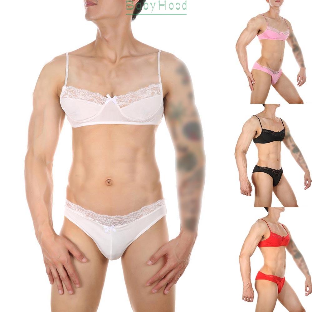 Men Sissy Gay Sexy Lace G-String Bikini Underwear Bra Top Panties Underpants Set#BBHOOD