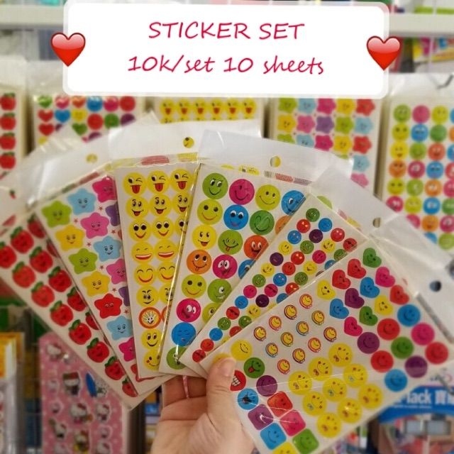 Sticker các mẫu (10 tấm), ngôi sao, mặt cười, táo