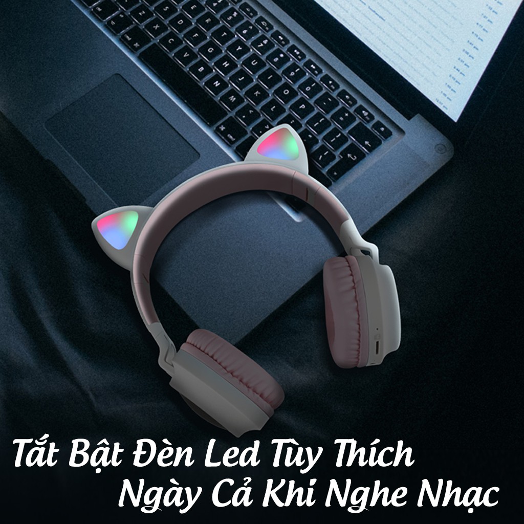 Tai Nghe Tai Mèo Bluetooth, Headphone Tai Mèo Dễ Thương Âm Bass Cực Hay Và Dung Lượng Pin Khủng 400mAh