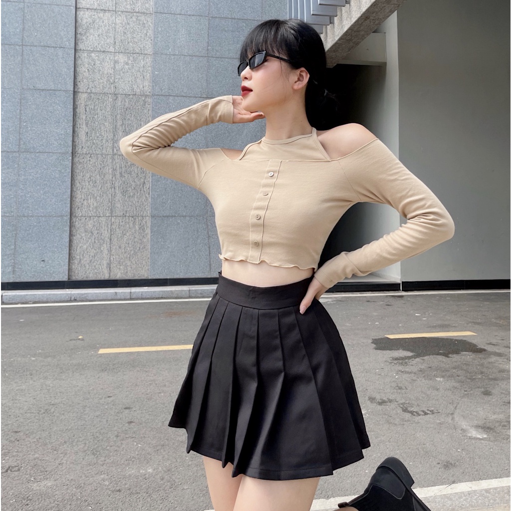 Áo croptop nữ body dài tay bẹt vai TOPTIFY cổ yếm hở vai Miami Vice Top AC163