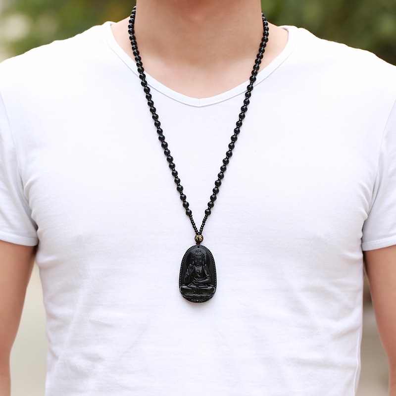 Dây Chuyền Mặt Hình Phật Bằng Đá Obsidian Độc Đáo
