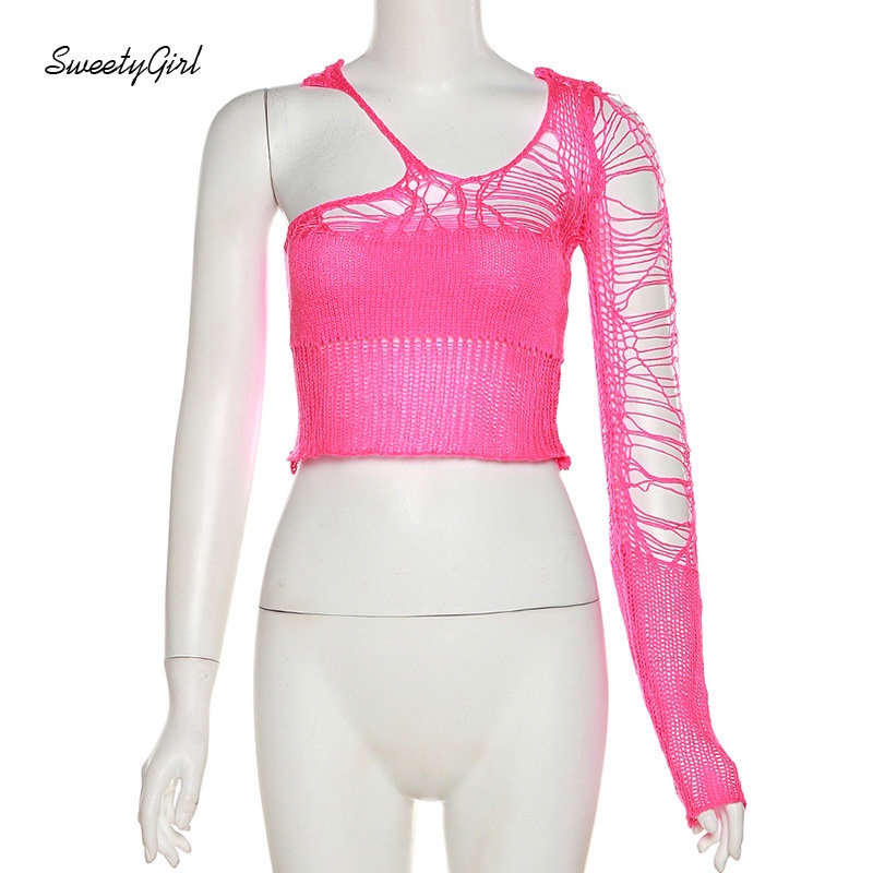 Áo Sweater Dệt Kim Tay Dài Dáng Ôm Khoét Lỗ Màu Hồng Trơn Thời Trang 2022 Cho Nữ