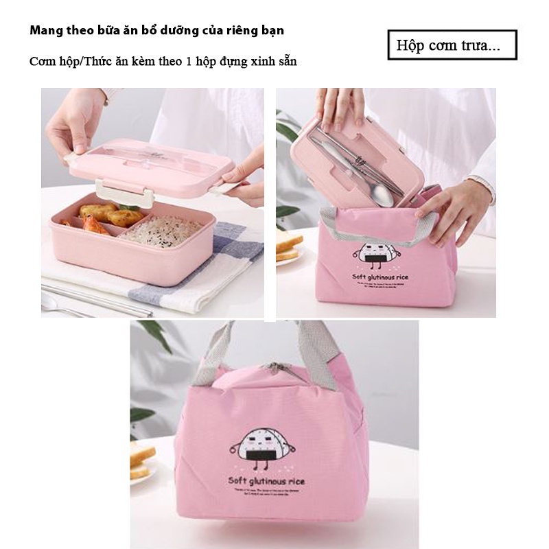 Hộp Đựng Cơm Giữ Nhiệt Ăn Trưa Văn Phòng 3 Ngăn - Nhựa/Lúa Mạch - Kèm Đũa Thìa - Sử Dụng Lò Vi Sóng