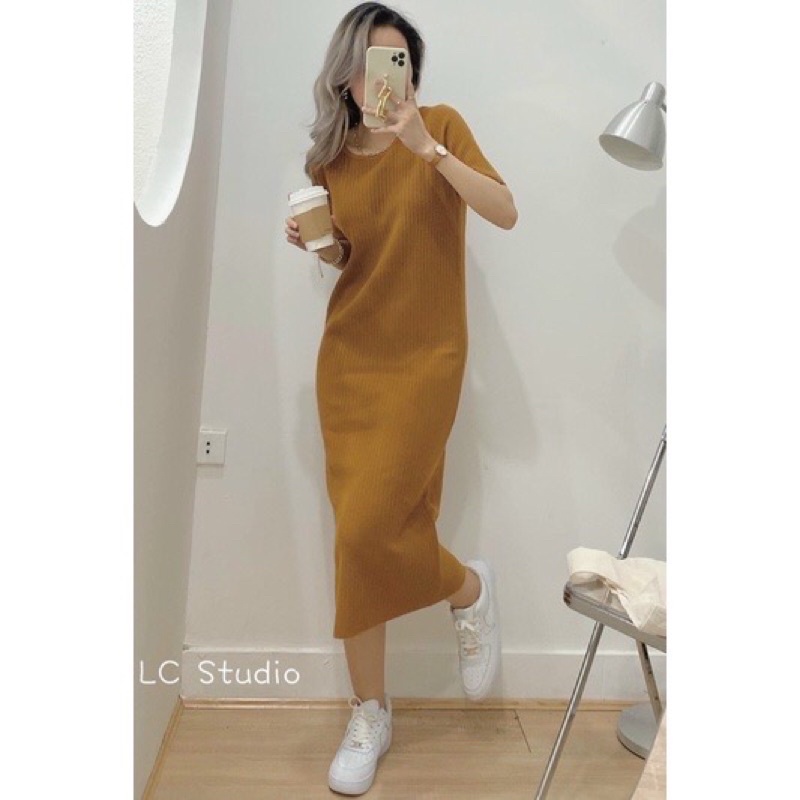 Váy len cổ tròn sọc gân dáng suông style Hàn