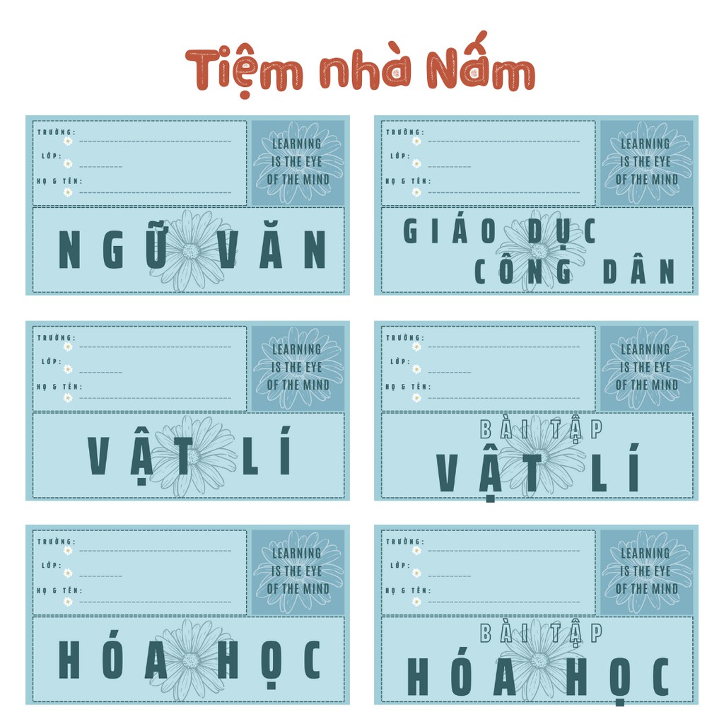Combo Nhãn Vở Thiết Kế Theo Tên Môn Học, Hoa Cúc Xanh