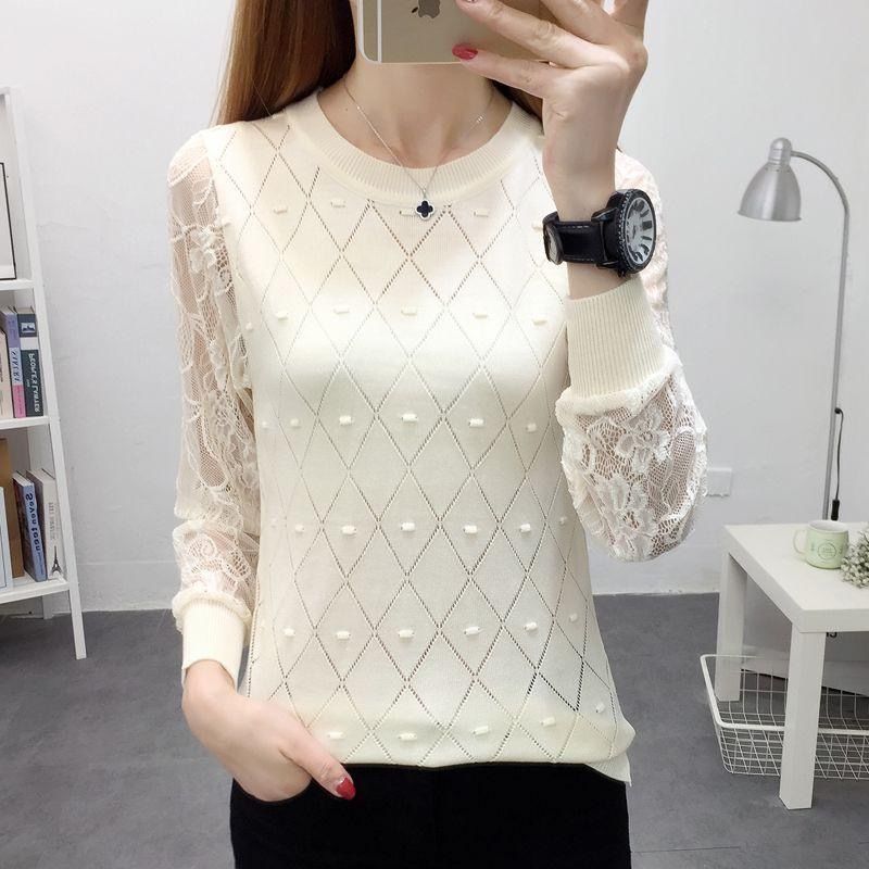 Áo Sweater Dệt Kim Mỏng Dáng Rộng Phối Ren Phong Cách Hàn Quốc Mới