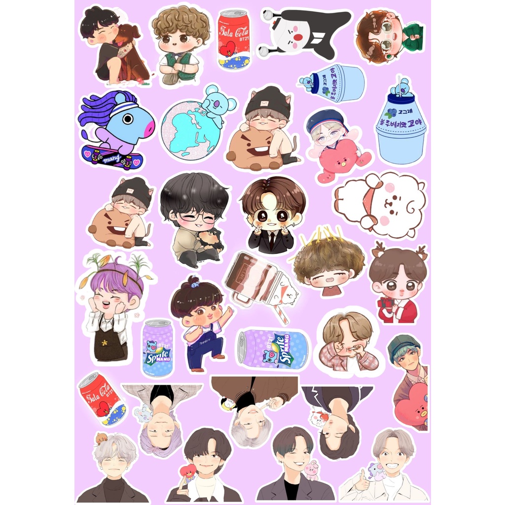 Sticker BTS chibi, cute, anime nhãn gián tổng hợp hình nhóm BTS, BT21 trang trí sổ, vở...