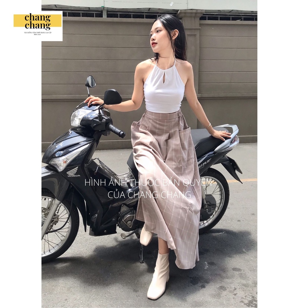 Váy Che Nắng Lưng Thun Cài Nút CHANG CHANG, Quây Che Nắng Thời Trang Nâu Caro Xếp ly