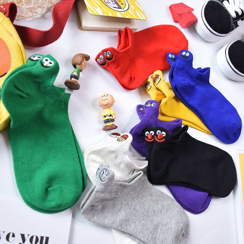 Vớ WAFNHA D259 cotton cổ thấp thêu họa tiết biểu tượng cảm xúc hoạt hình đáng yêu cho nữ