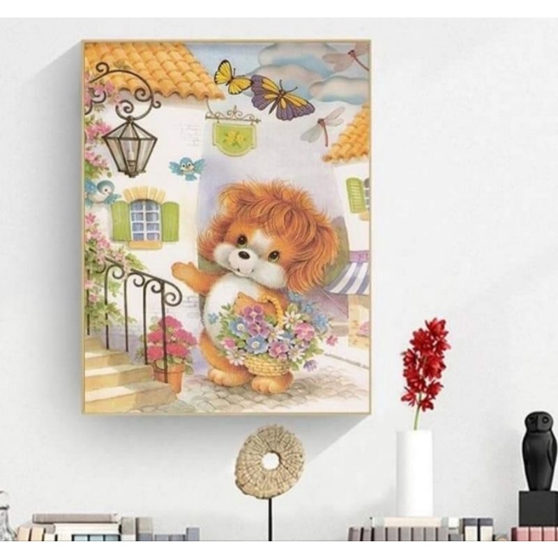 Tranh thêu chữ thập hoạt hình sư tử bé chỉ cotton 30*40cm thêu kín