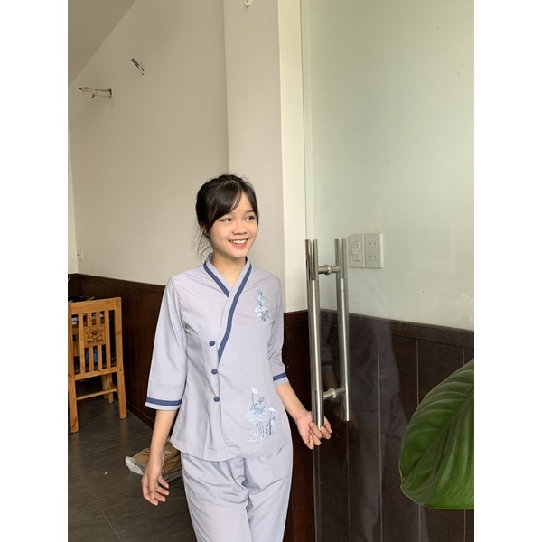 Set đồ lam phật tử đi chùa cài xéo thêu sen, thời trang nữ, đồ bộ