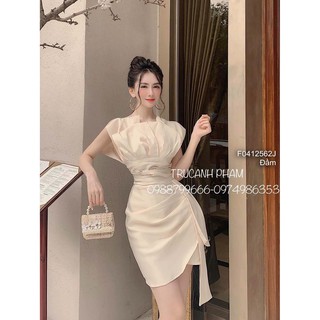Đầm body tăcta tà đắp chéo phối bèo dài cách điệu xếp ly eo tay liền