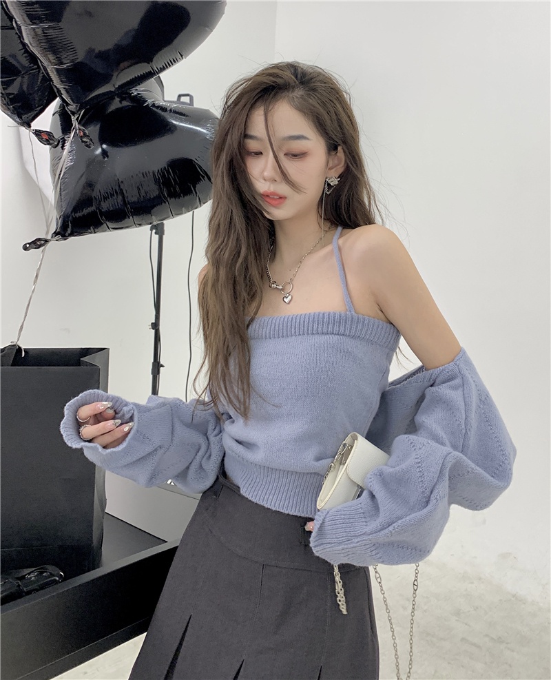 55091 Phong Cách Mới Áo Yếm Dệt Kim + Áo Cardigan Ngắn Hai Mảnh
