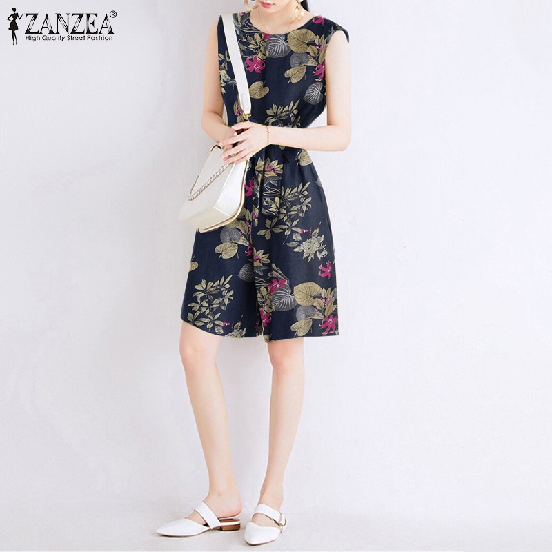 Áo liền quần ZANZEA không tay cổ tròn phong cách vintage nhiều màu sắc thời trang cho nữ