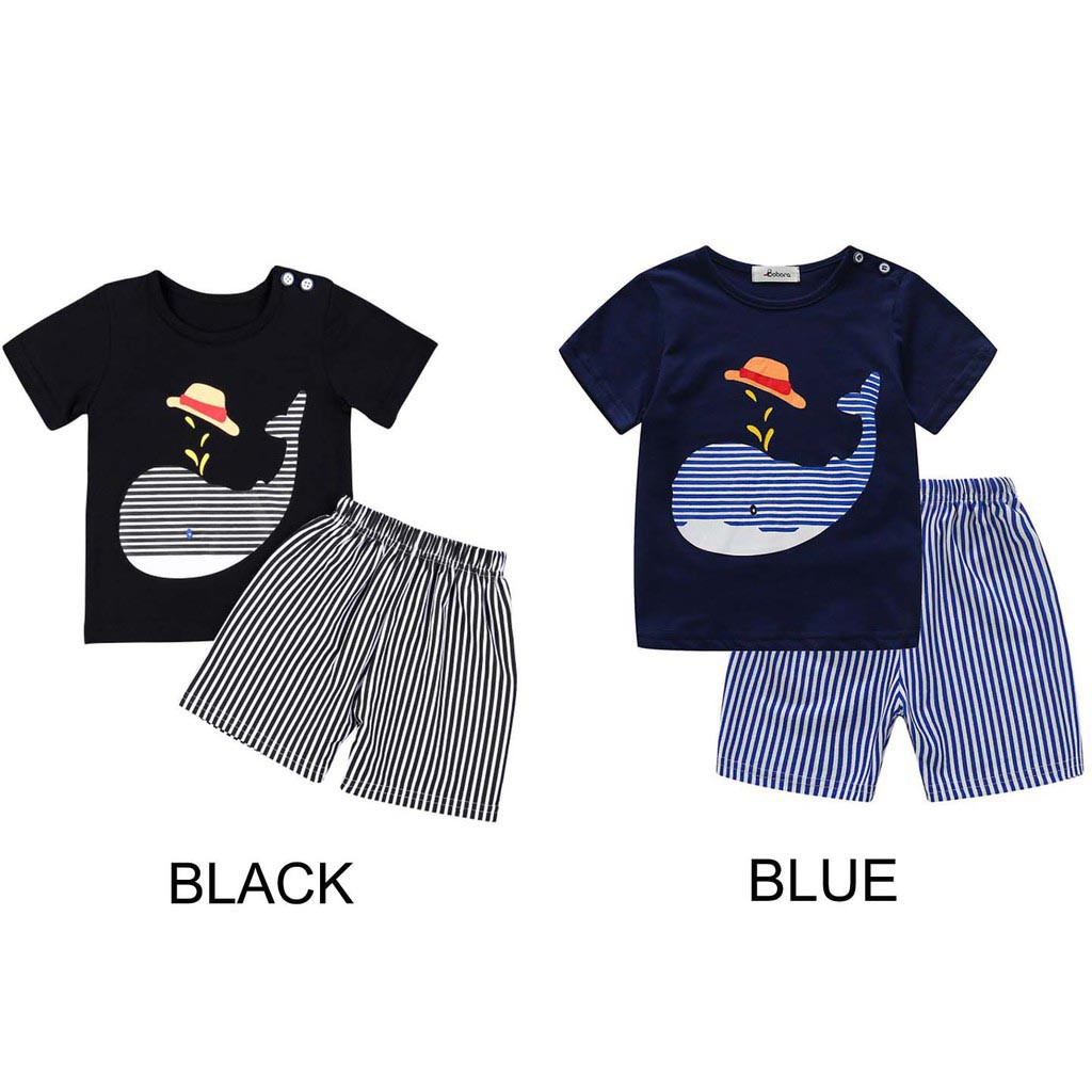 Set áo thun tay ngắn kèm quần lưng thun kẻ sọc năng động cho bé trai