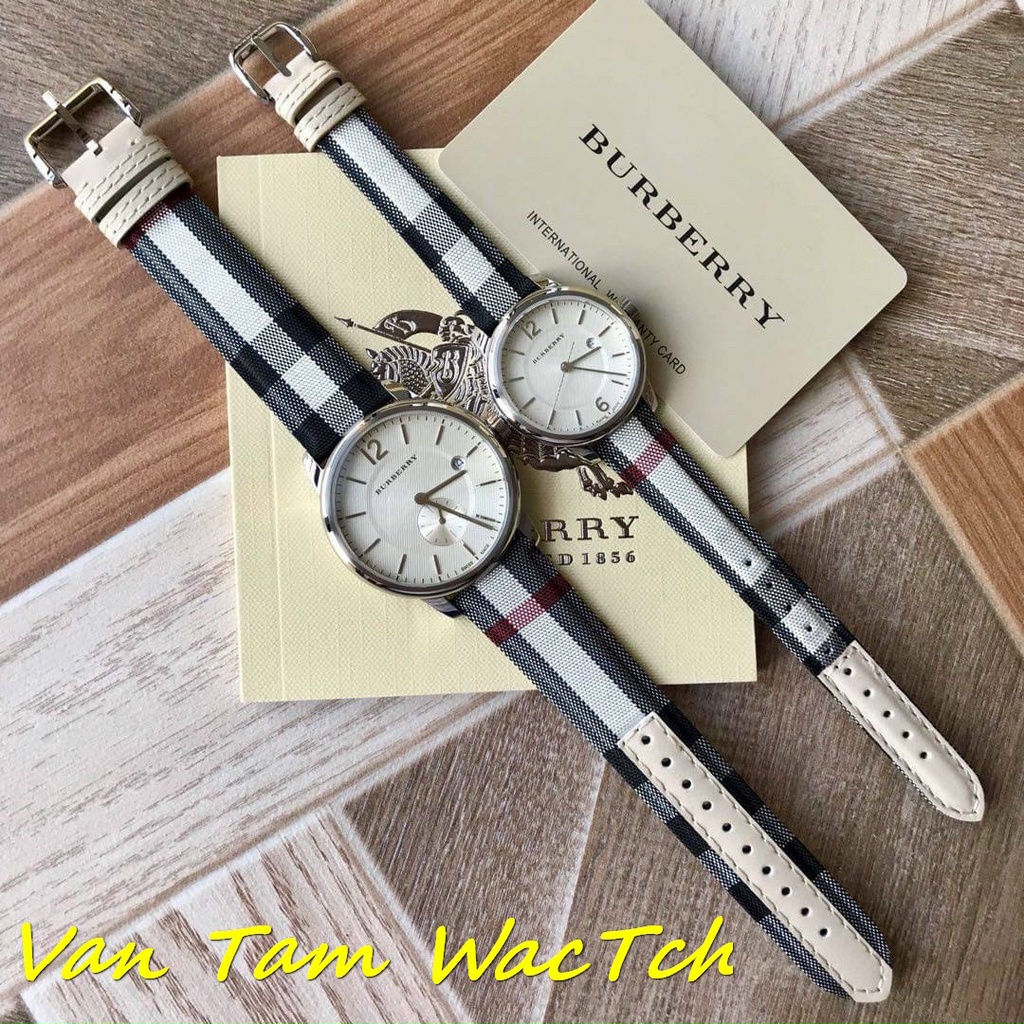Đồng hồ đôi nam nữ Burberry bu1002 40mm,bu1003 32mm máy Thụy sĩ quartz, mẫu mặt tròn màu trắng, dây da cao cấp