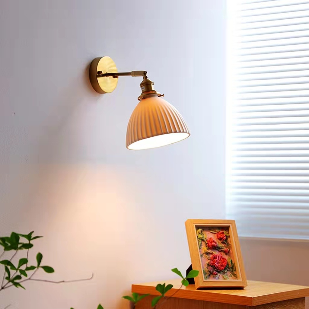 Đèn treo tường bằng gốm và đồng thau họa tiết xếp nếp kiểu bí ngô công tắc kéo dây phong cách Nhật Bản retro