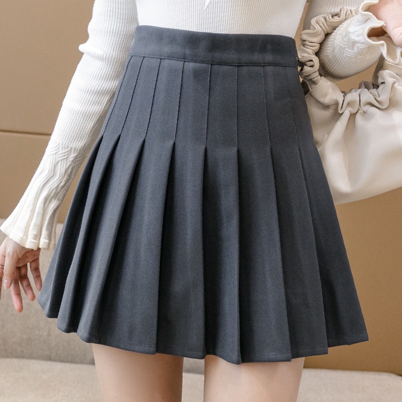 DUNEA Chân Váy Len Đen Lưng Cao Xếp Ly Thiết Kế Trẻ Trung Cho Nữ