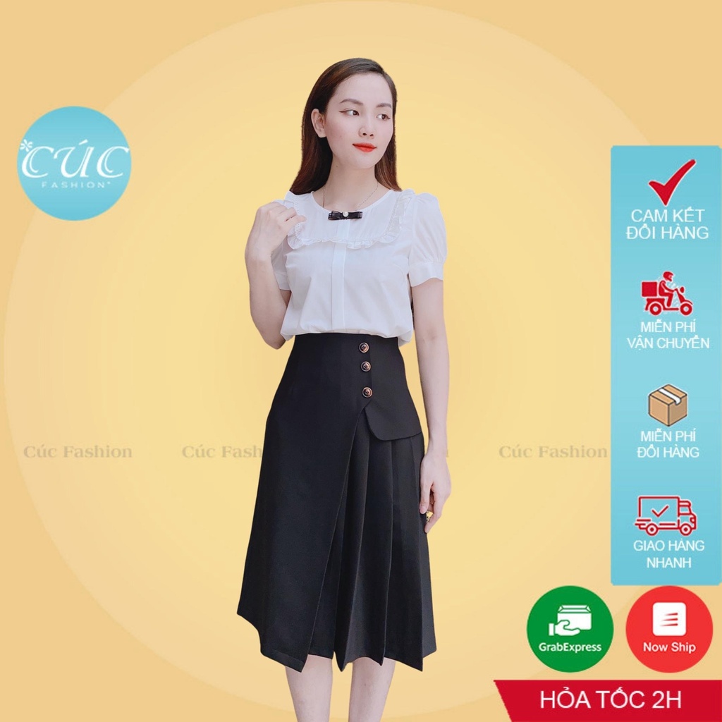 Áo sơ mi nữ CÚC FASHION somi tay ngắn cao cấp vải lụa đẹp kiểu công sở áo trắng nơ đen viền ren A1156