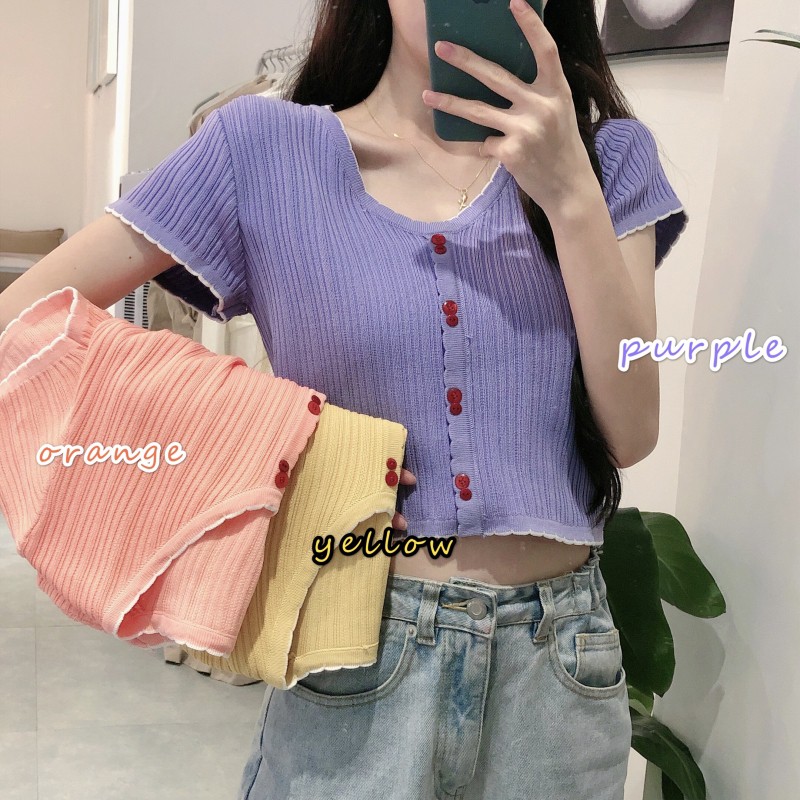 [ Mã 11FASHIONSALE1 giảm 10K đơn 50K ] Áo croptop tay ngắn xẻ cổ chữ V phong cách Hàn Quốc | BigBuy360 - bigbuy360.vn