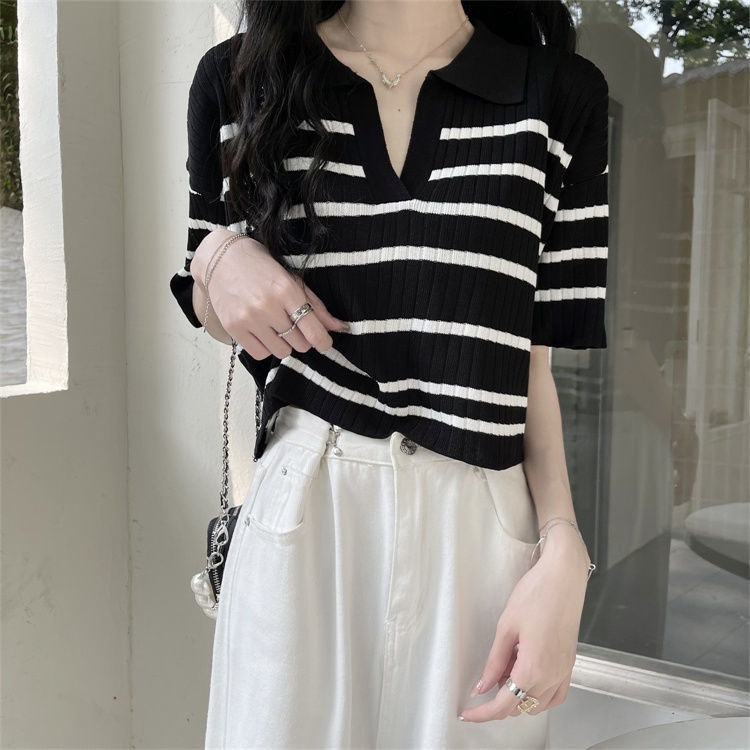 Áo thun dệt kim ZHELIHANGFEI cổ polo họa tiết kẻ sọc thời trang cá tính