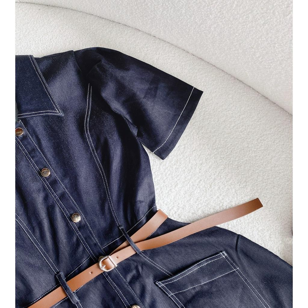 ĐẦM JEAN MIDI CỔ SƠ MI VIỀN CHỈ XẺ TÀ KÈM BELT