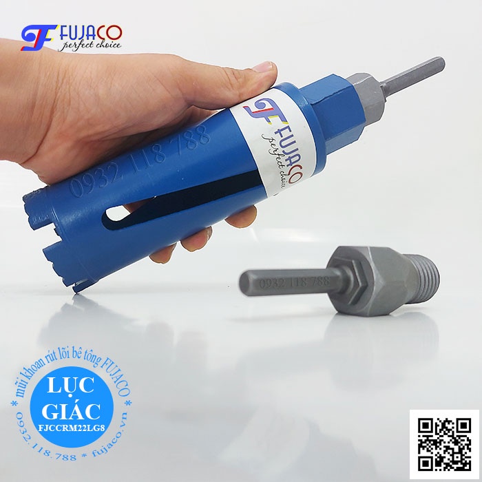 Đầu chuyển mũi khoan rút lõi bê tông chuôi lục giác kẹp 8 ly cho máy khoan pin khoét lỗ lắp điều hòa FUJACO FJCCRM22LG8
