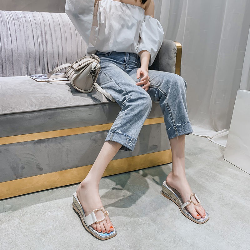 ☢Wedge Sandals and Slippers Women s Summer Outing Wear 2021 New Wild Fashion Transparent High Heels Trifle Platform Flip-Flops