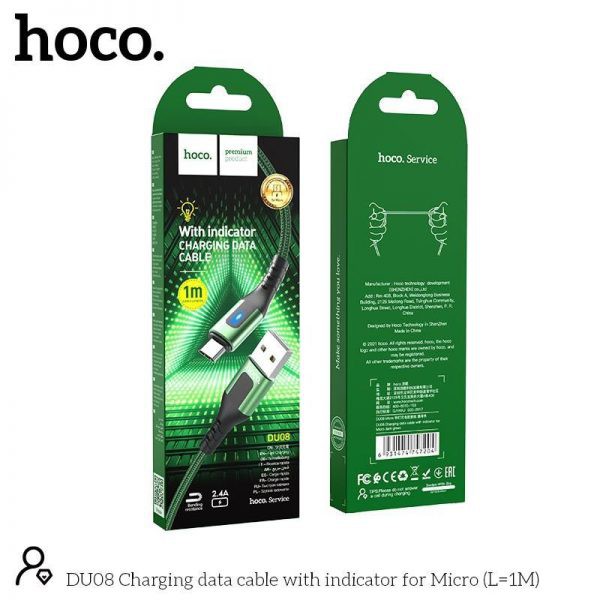 Cáp sạc Hoco DU08/DU08 Plus Micro USB, sạc nhanh 2.4A, dây bọc dù chống đứt, có đèn LED dài 1m/2m