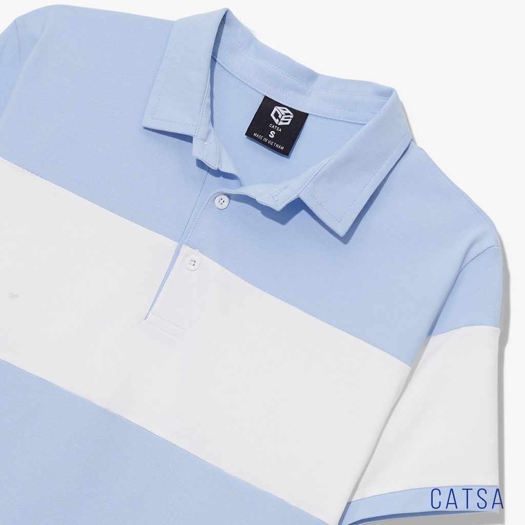 Áo polo nam cổ bẻ trắng sọc xanh thun Cotton thoáng mát, dáng chuẩn CATSA ATP265