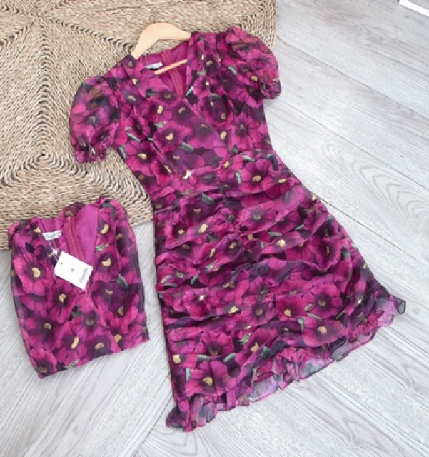 Váy voan hoa tay bo nhún thân