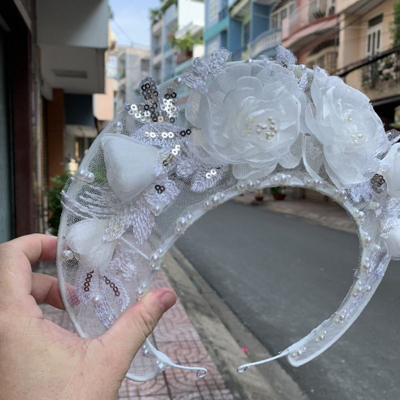 Mấn lưới cô dâu hoa voan đính ren