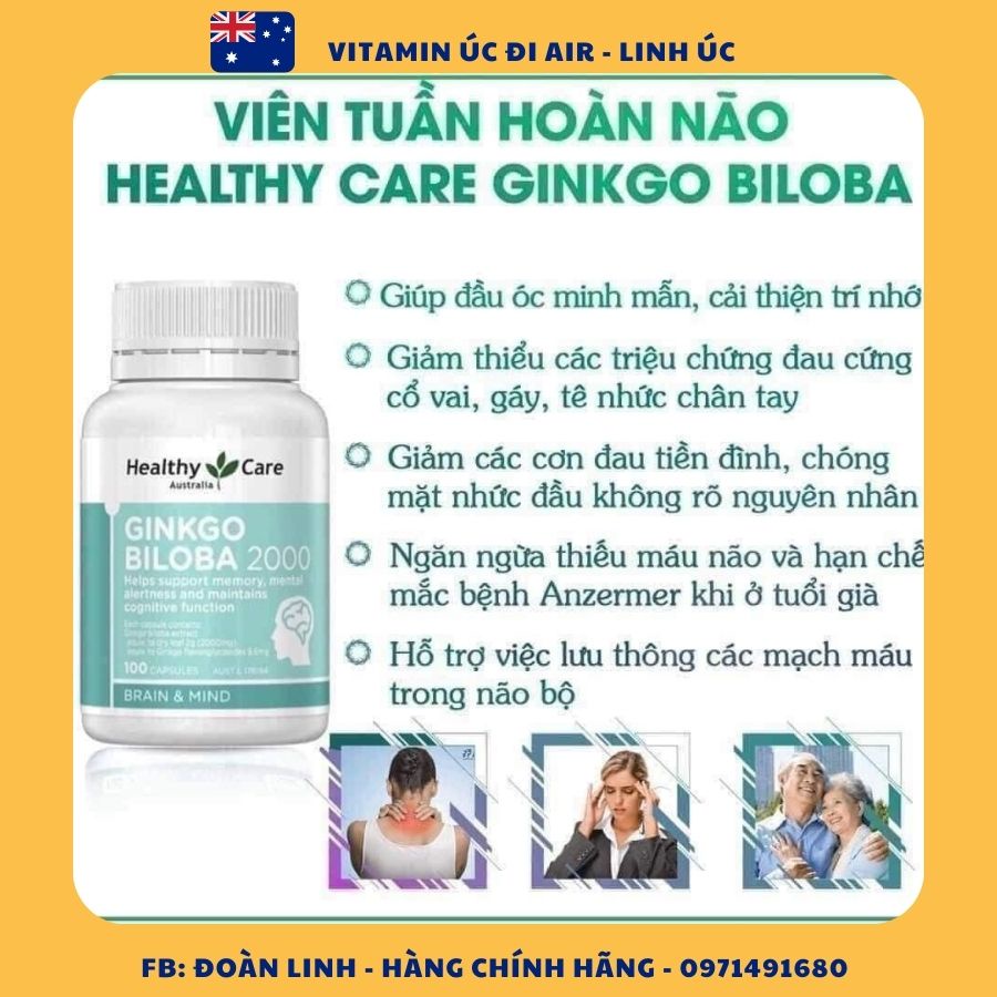 Bổ não Ginkgo biloba 2000mg Healthy Care 100v - Úc, Hàng Chuẩn Úc Đi Air