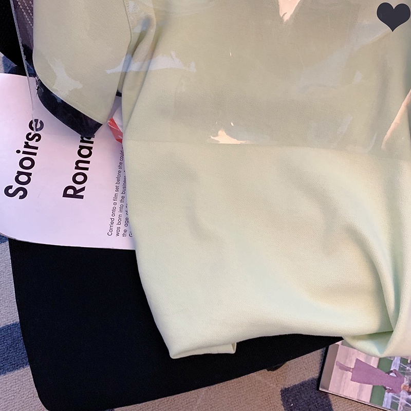 NRVP Áo thun nữ cổ bẻ ngắn tay dáng rộng in họa tiết phong cách Hàn Quốc