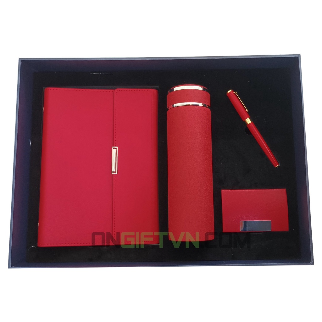 Bộ quà 4 món sổ da Pu gáy còng và bút ký cao cấp + bình giữ nhiệt + Hộp đựng danh thiếp có hộp quà sang trọng, logo yc
