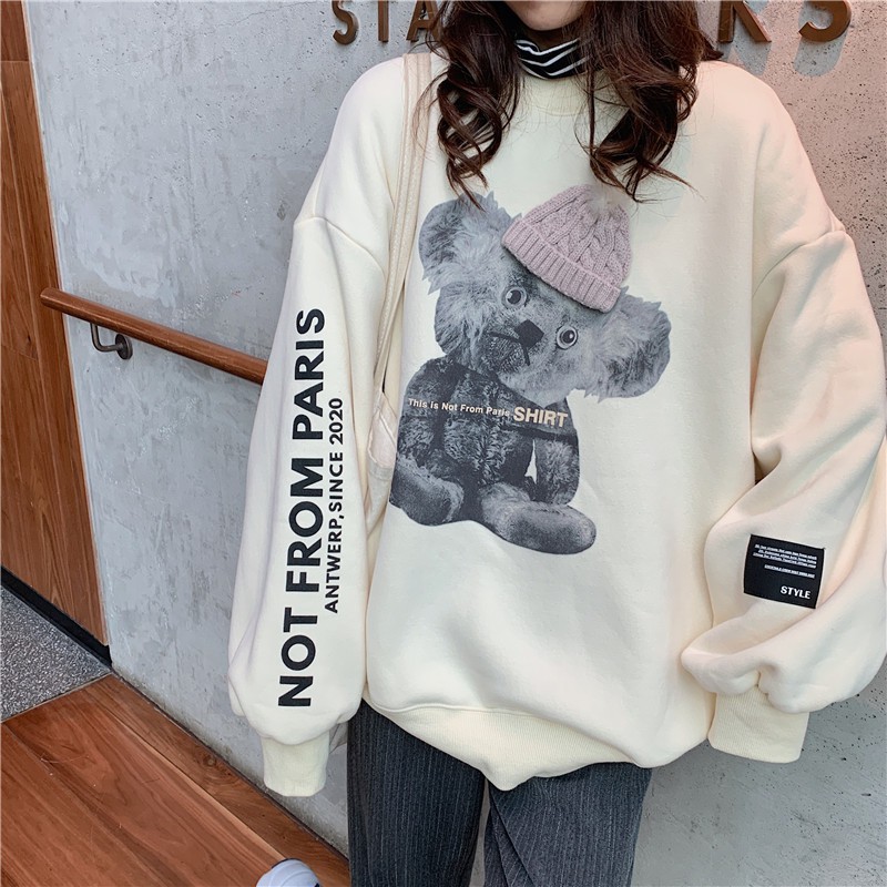 Áo hoodie nữ form rộng dài HÌNH GẤU màu trắng sữa chất đẹp hàng quảng châu BST áo thu đông unisex Ulzzang 2020