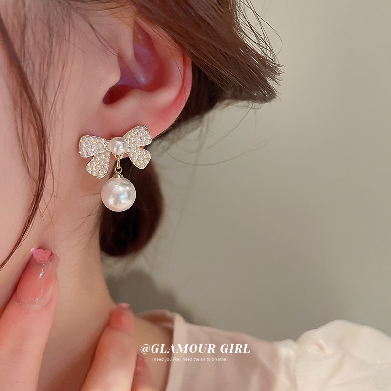 Bông Tai Hình Nơ Đính Ngọc Trai Sang Trọng