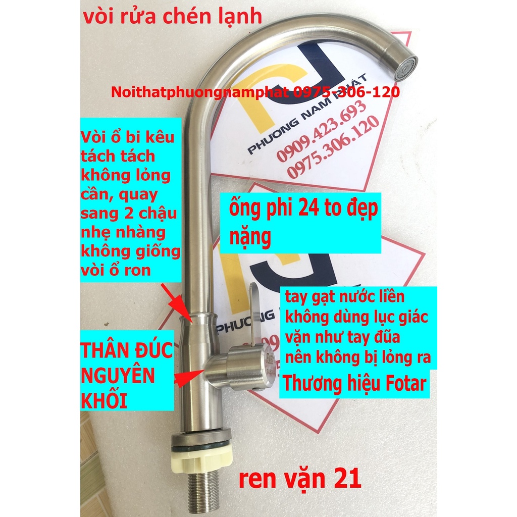 (vòi cổ bi bao không lỏng cần) vòi rửa chén bát lạnh INOX 304 N5011 FOTAR xoay 360 độ dùng cho 2 hộc chậu