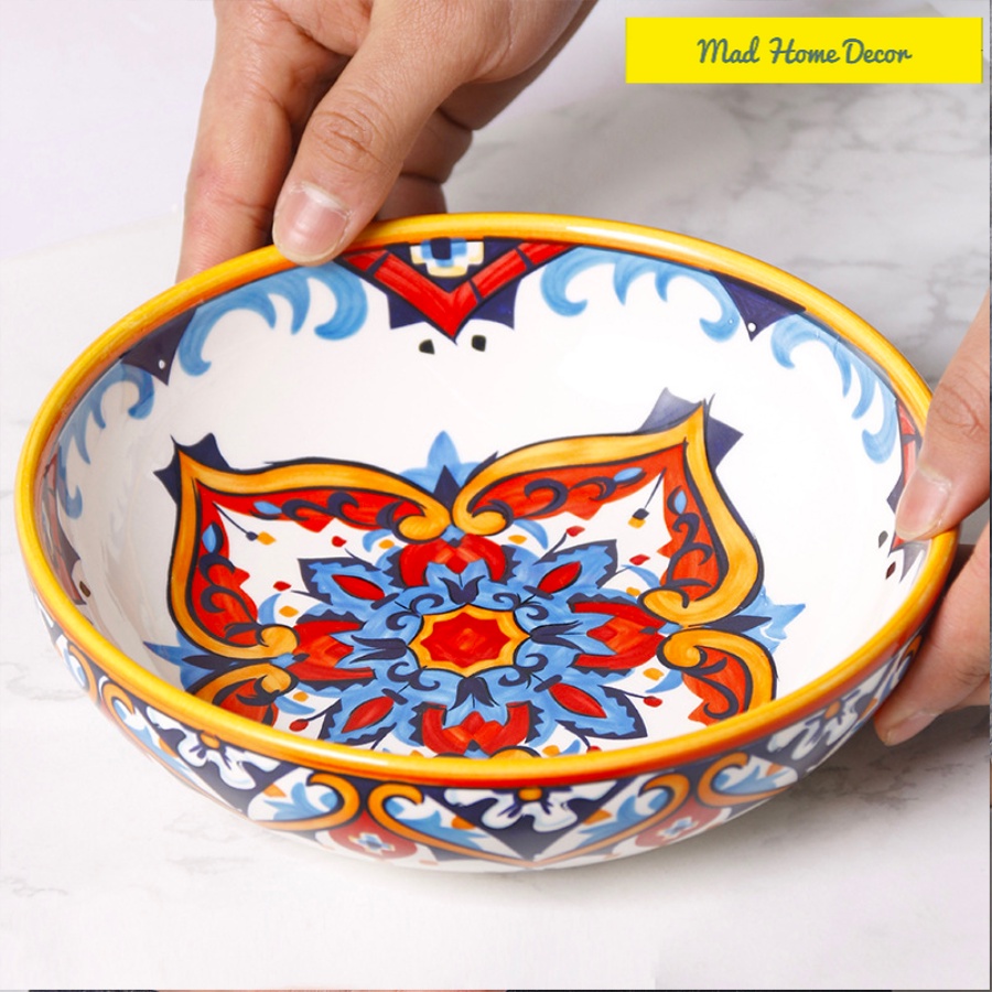 Set Karina 4 món gốm mĩ nghệ vẽ tay - Họa tiết thổ cẩm đỏ cam chuyên xuất khẩu Âu Mĩ của hãng OMK