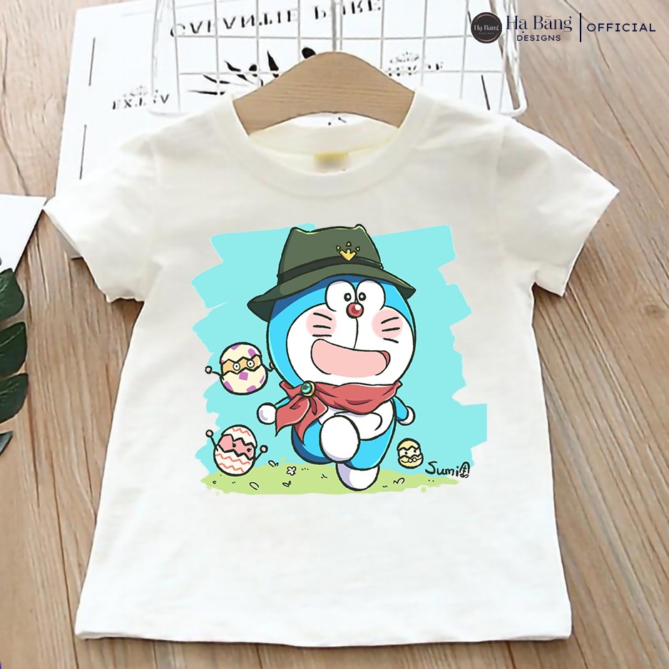 Áo thun cho bé tay ngắn vải cotton màu trắng Hạ Băng Designs - Doraemon