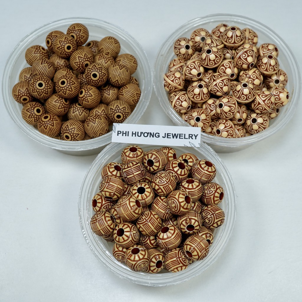Gói 10g - 25g hạt nhựa giả gỗ nhiều hoa văn dùng xỏ vòng tay, trang trí handmade