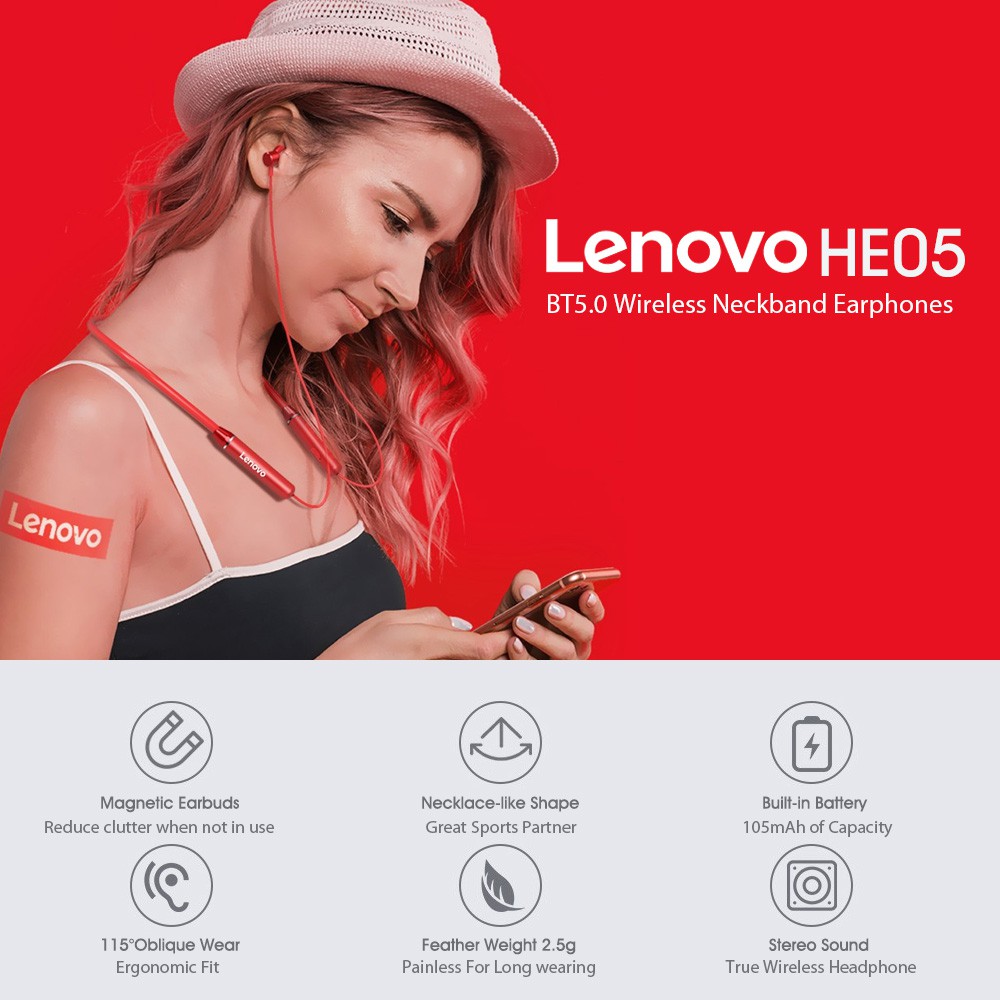 Tai Nghe Nhét Tai Bluetooth 5.0 Lenovo HE05 Chống Mồ Hôi IPX5 Cao Cấp