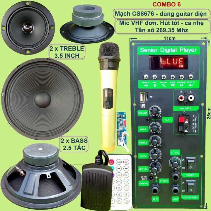 Mạch loa kéo 2.5 tấc đôi CS8676 60W – 120W kèm Micro đơn hoặc Micro đôi – Bluetooth Karaoke Guitar điện