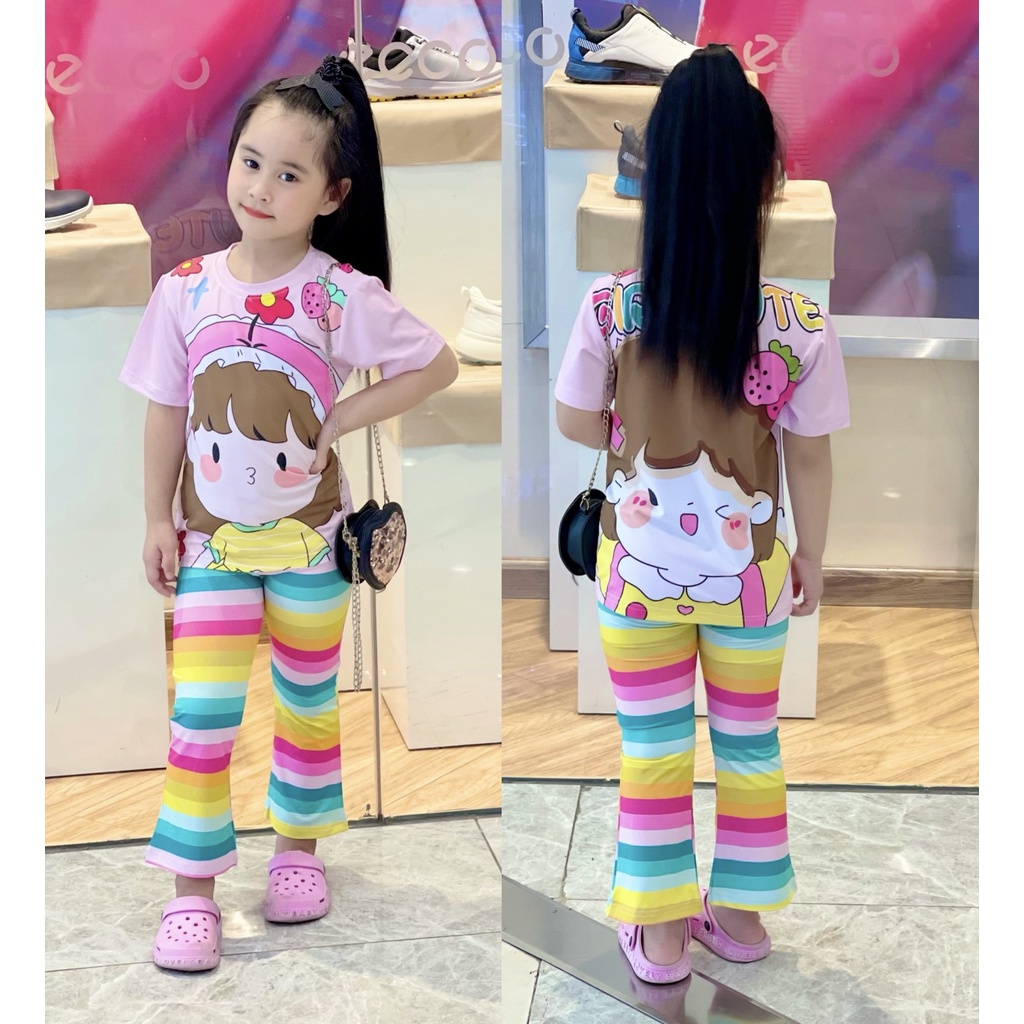 Đồ Bộ Cho Bé Gái 8-40 Kg Thun Lạnh 3D Set Quần Dài Ống Loe Áo Tay Ngắn Trẻ Em In Hoạt Hình Hot Trend Homie Kids