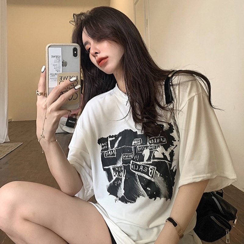 Áo Thun Ngắn Tay Dáng Rộng In Họa Tiết Thời Trang Mùa Hè Hàn Quốc Dành Cho Nữ