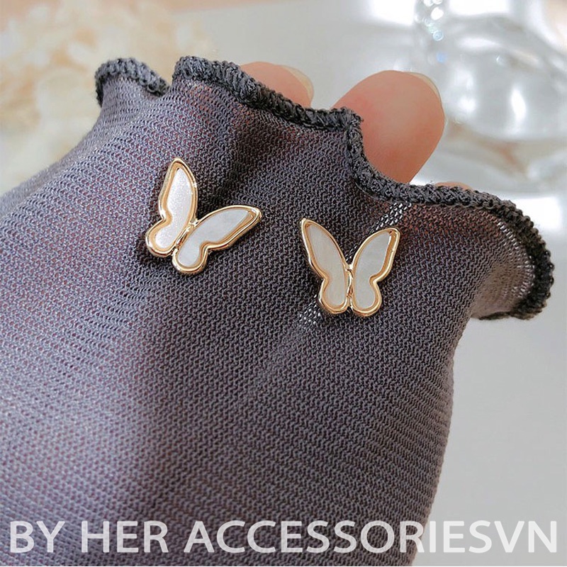 Bông tai hình bướm khảm đá sà cừ đơn giản, khuyên tai bướm chuôi bạc 925 Her Accessories H91