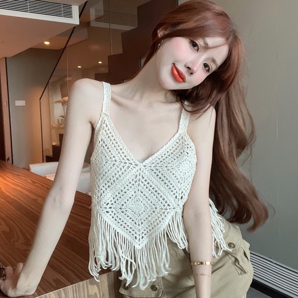 Áo dệt kim ZHELIHANGFEI 2 dây tua rua phong cách quyến rũ