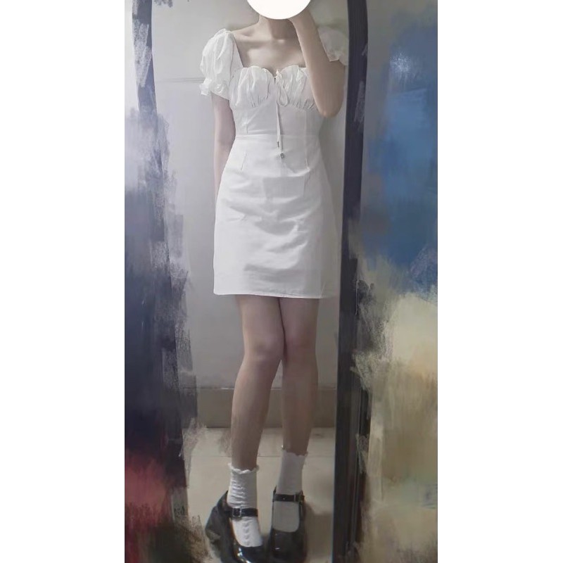 🖤Váy bánh bèo trắng thô tay phồng đầm thư cổ vuông thắt dây ngực dạo phố xinh xắn ulzzang vintage retro dễ thương